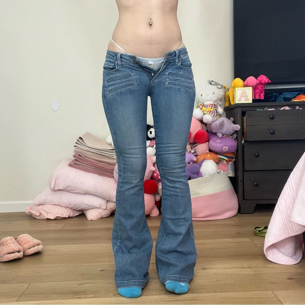 Paige Medium Wash Flared Blue Jeans